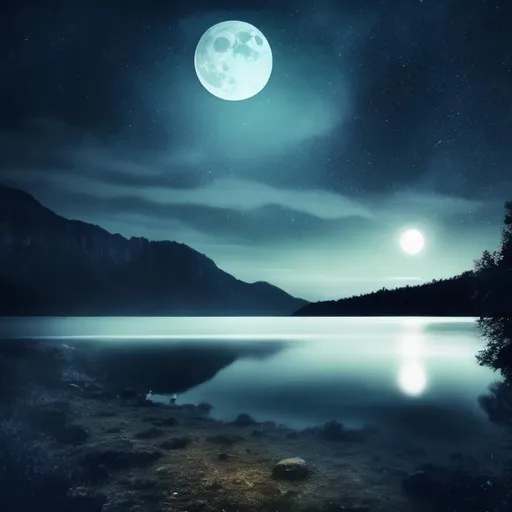 Prompt: lake at night, mystical, nature, mountain with forest, full moon, UHD, 4K, ultra high quality, dark blue, dark, cold, grey, super realistic