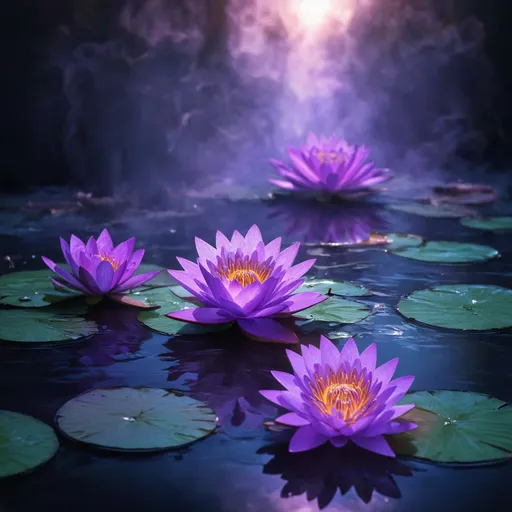 Prompt: Three radiant purple water lilies floating on a mystical, glowing water surface. The lilies emit a deep, vibrant purple hue, with their petals intricately detailed and slightly luminescent. The scene is rich in fantasy elements, with swirling mists and a dreamlike atmosphere. The background features an otherworldly landscape bathed in twilight, with deep purples and soft blues, creating a cinematic, surreal environment that feels both mysterious and enchanting.