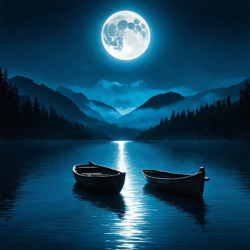 Prompt: Create a semi-realistic album cover featuring a serene, moonlit lake surrounded by nature. A luminous full moon should dominate the night sky, casting its glow across the calm water. The scene includes distant, mist-covered mountains that add a sense of adventure and mystery. A small, empty wooden boat gently floats distant on the lake, symbolizing a solitary journey. The color scheme should focus on deep blues with subtle reds, and hints of silver to highlight the moon. The overall mood should evoke introspection, melancholy, and longing.  Shot angle 100m above the water