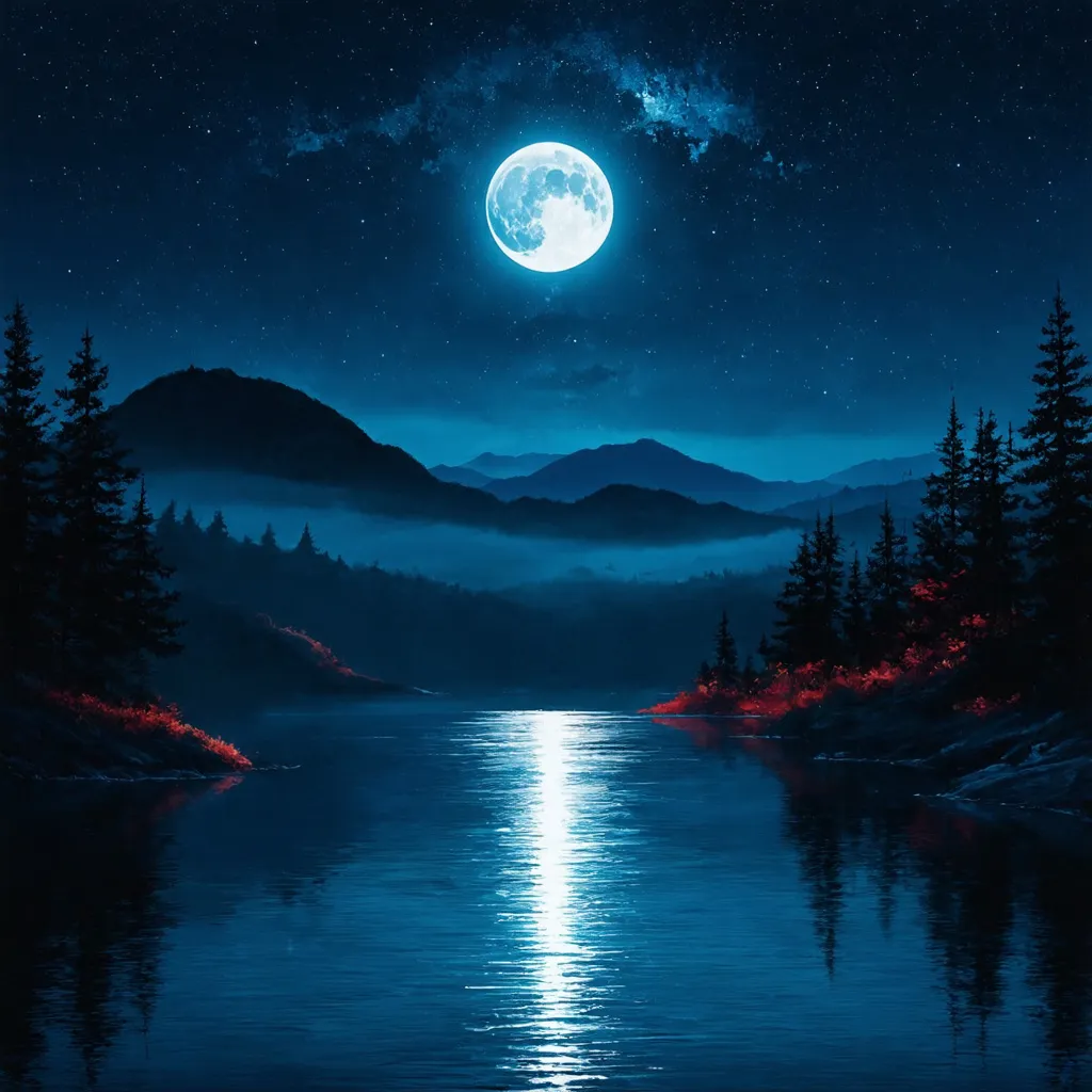 Prompt: Create a semi-realistic album cover featuring a serene, moonlit lake surrounded by nature. A luminous full moon should dominate the night sky, casting its glow across the calm water. The scene includes distant, mist-covered mountains that add a sense of adventure and mystery. The color scheme should focus on deep blues with subtle reds, and hints of silver to highlight the moon. The overall mood should evoke introspection, melancholy, and longing.  Drone shot 50m above the water. Highly detailed.