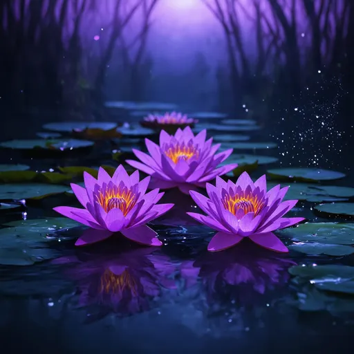 Prompt: Three radiant purple water lilies floating on a mystical, glowing water surface. The lilies are surrounded by a soft, magical light, with their petals exuding a deep, vibrant purple hue. The scene is rich in fantasy elements, with swirling mists, sparkling particles, and a dreamlike atmosphere. The background is an otherworldly landscape bathed in twilight, with hues of deep purple and soft blues, creating a cinematic, surreal environment that feels both mysterious and enchanting.