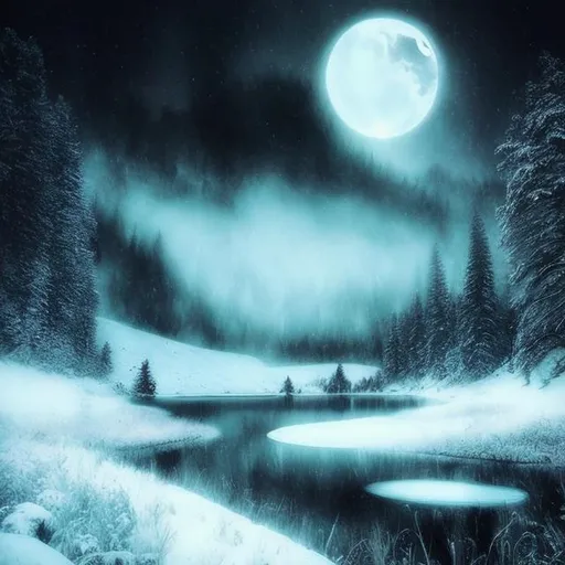 Prompt: snow, lake, crescent moon, mystical, mist, death, dark fantasy, drawing