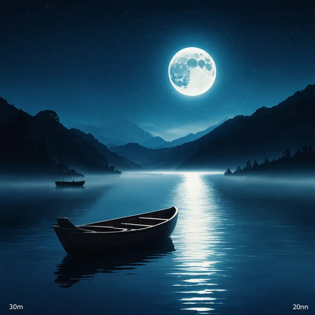 Prompt: Create a semi-realistic album cover featuring a serene, moonlit lake surrounded by nature. A luminous full moon should dominate the night sky, casting its glow across the calm water. The scene includes distant, mist-covered mountains that add a sense of adventure and mystery. A small, empty wooden boat gently floats on the lake, symbolizing a solitary journey. The color scheme should focus on deep blues with subtle reds, and hints of silver to highlight the moon. The overall mood should evoke introspection, melancholy, and longing.  Angle from 20m above the water