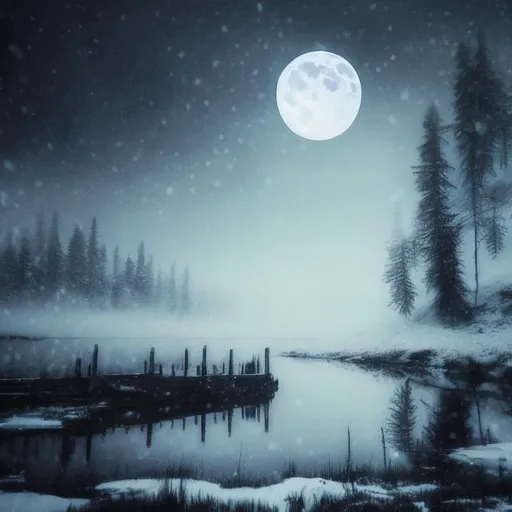 Prompt: snow, lake at night, mystical, mist, death, dark fantasy, half moon, drawing