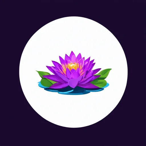 Prompt: Design a logo featuring one prominent purple water lily as the central focus, with its petals detailed and slightly glowing in a vibrant purple hue. Flanking the main lily are two additional, smaller lilies that are more subtle in color and detail, creating a balanced and elegant composition. Include a few stylized leaves around the lilies, adding a touch of green for contrast. The background should be minimal, either a soft gradient or transparent, to ensure the lilies and leaves stand out as a sophisticated and striking logo with a fantasy-inspired flair.