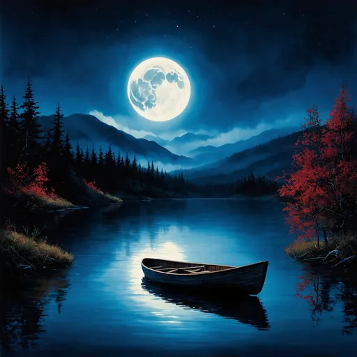 Prompt: Create a semi-realistic album cover featuring a serene, moonlit lake surrounded by nature. A luminous full moon should dominate the night sky, casting its glow across the calm water. The scene includes distant, mist-covered mountains that add a sense of adventure and mystery. A small, empty wooden boat gently floats distant on the lake, symbolizing a solitary journey. The color scheme should focus on deep blues with subtle reds, and hints of silver to highlight the moon. The overall mood should evoke introspection, melancholy, and longing.  Angle from 50m above the water