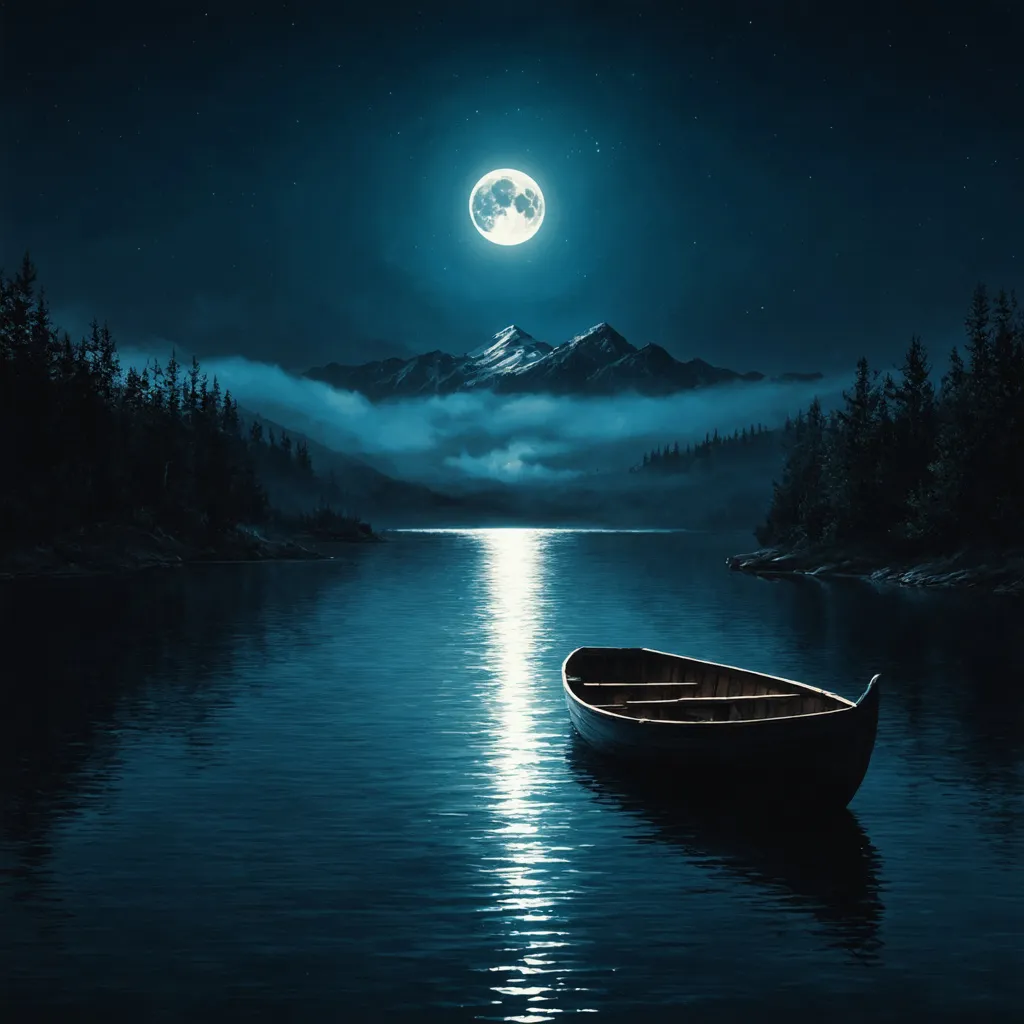 Prompt: Create a semi-realistic album cover featuring a serene, moonlit lake surrounded by nature, viewed from a higher vantage point above the water. A large, luminous full moon dominates the night sky, casting its glow across the calm water. The scene includes distant, mist-covered mountains that add a sense of adventure and mystery. A small, empty wooden boat is floating further away on the lake, emphasizing solitude and a distant journey. The color scheme should focus on deep blues with subtle hints of red, and touches of silver to highlight the moon. The overall mood should evoke introspection, melancholy, and longing.