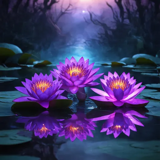 Prompt: Three radiant purple water lilies floating on a mystical, glowing water surface. The lilies emit a deep, vibrant purple hue, with their petals intricately detailed and slightly luminescent. The scene is rich in fantasy elements, with swirling mists and a dreamlike atmosphere. The background features an otherworldly landscape bathed in twilight, with deep purples and soft blues, creating a cinematic, surreal environment that feels both mysterious and enchanting.