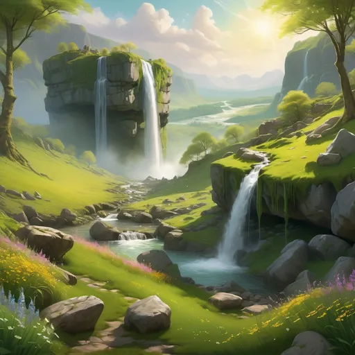 Prompt: A serene nature scene in springtime, showcasing lush green landscapes with vibrant grass fields and scattered wildflowers. In the distance, a majestic waterfall cascades gently down a rocky cliff, surrounded by moss-covered stones. The setting is bathed in soft, golden sunlight filtering through a partially cloudy sky, creating a peaceful and enchanting atmosphere. The style is slightly fantastical, with enhanced colors and details, but grounded in realism, capturing the natural beauty of the season.