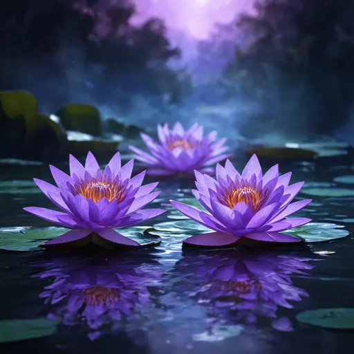 Prompt: Three radiant purple water lilies floating on a mystical, glowing water surface. The lilies emit a deep, vibrant purple hue, with their petals intricately detailed and slightly luminescent. The scene is rich in fantasy elements, with swirling mists and a dreamlike atmosphere. The background features an otherworldly landscape bathed in twilight, with deep purples and soft blues, creating a cinematic, surreal environment that feels both mysterious and enchanting.