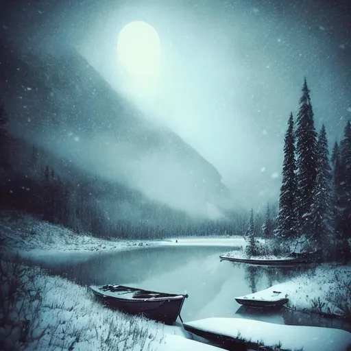 Prompt: snow, lake, night, mystical, mist, death, dark, fantasy, drawing, warm