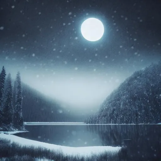 Prompt: snow, lake at night, mystical, mist, death, dark fantasy, crescent moon, drawing