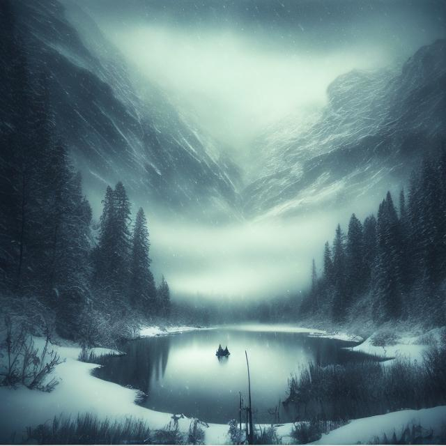 Prompt: snow, lake, night, mystical, mist, death, dark, fantasy, drawing