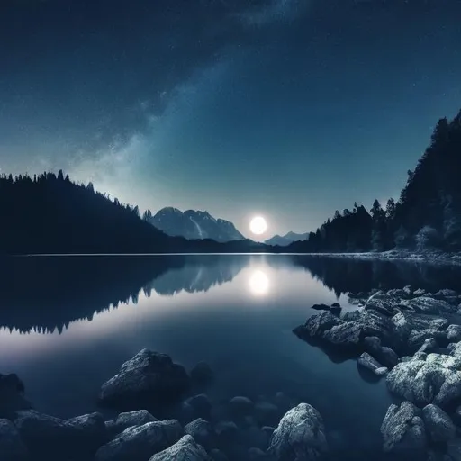 Prompt: lake at night, mystical, nature, mountain with forest, full moon, UHD, 4K, ultra high quality, dark blue, dark, cold, grey, mystic