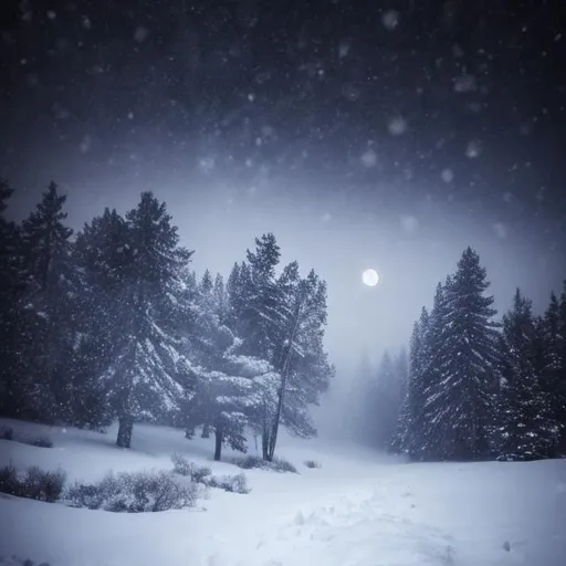 Prompt: snow, black, mystical nature, dark, night, mist, moon