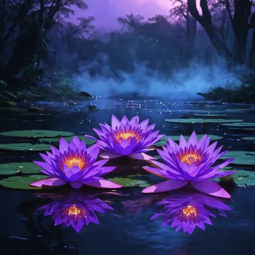 Prompt: Three radiant purple water lilies floating on a mystical, glowing water surface. The lilies emit a deep, vibrant purple hue, with their petals intricately detailed and slightly luminescent. The scene is rich in fantasy elements, with swirling mists and a dreamlike atmosphere. The background features an otherworldly landscape bathed in twilight, with deep purples and soft blues, creating a cinematic, surreal environment that feels both mysterious and enchanting.