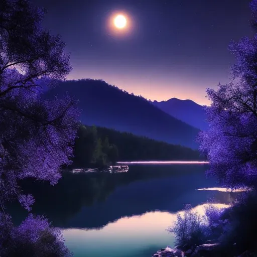 Prompt: mystical_nature__full_moon__water_in_between_mountains_with_trees___high_quality__purple_blue
