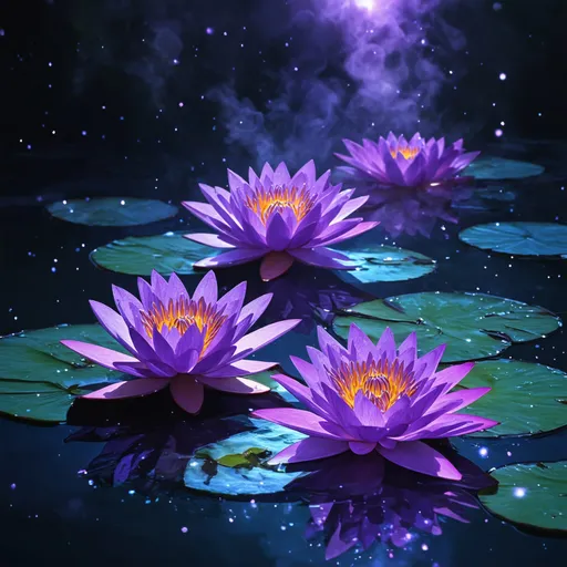 Prompt: Three radiant purple water lilies floating on a mystical, glowing water surface. The lilies are surrounded by a soft, magical light, with their petals exuding a deep, vibrant purple hue. The scene is rich in fantasy elements, with swirling mists, sparkling particles, and a dreamlike atmosphere. The background is an otherworldly landscape bathed in twilight, with hues of deep purple and soft blues, creating a cinematic, surreal environment that feels both mysterious and enchanting.