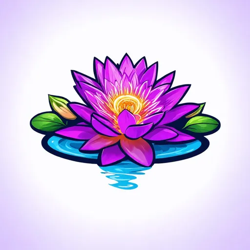 Prompt: Design a logo featuring one prominent purple water lily as the central focus, with its petals detailed and slightly glowing in a vibrant purple hue. Flanking the main lily are two additional, smaller lilies that are more subtle in color and detail, creating a balanced and elegant composition. Include a few stylized leaves around the lilies, adding a touch of green for contrast. The background should be minimal, either a soft gradient or transparent, to ensure the lilies and leaves stand out as a sophisticated and striking logo with a fantasy-inspired flair.