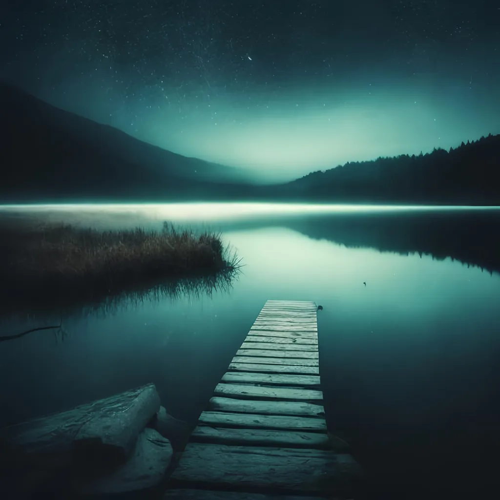 Prompt: lake at night, mystical, mist, snow, death, fantasy