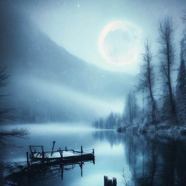 Prompt: snow, lake at night, mystical, mist, death, dark fantasy, half moon, drawing