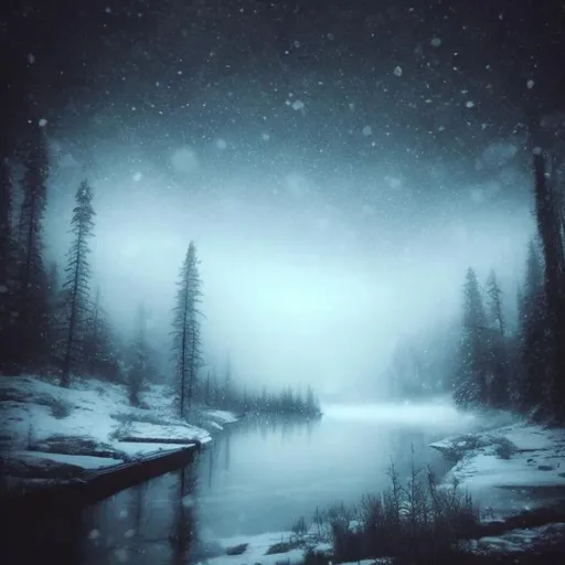 Prompt: snow, lake, night, mystical, mist, death, dark, fantasy, drawing, warm