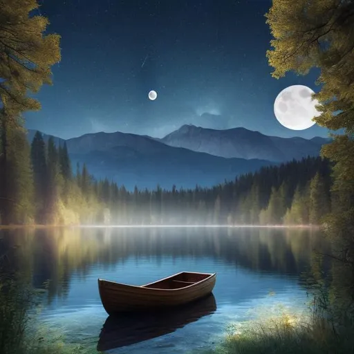 Prompt: mystical nature, quarter moon, lake in between mountains with trees, small wooden boat in the water, realistic, detailed, UHD, very high quality, night time