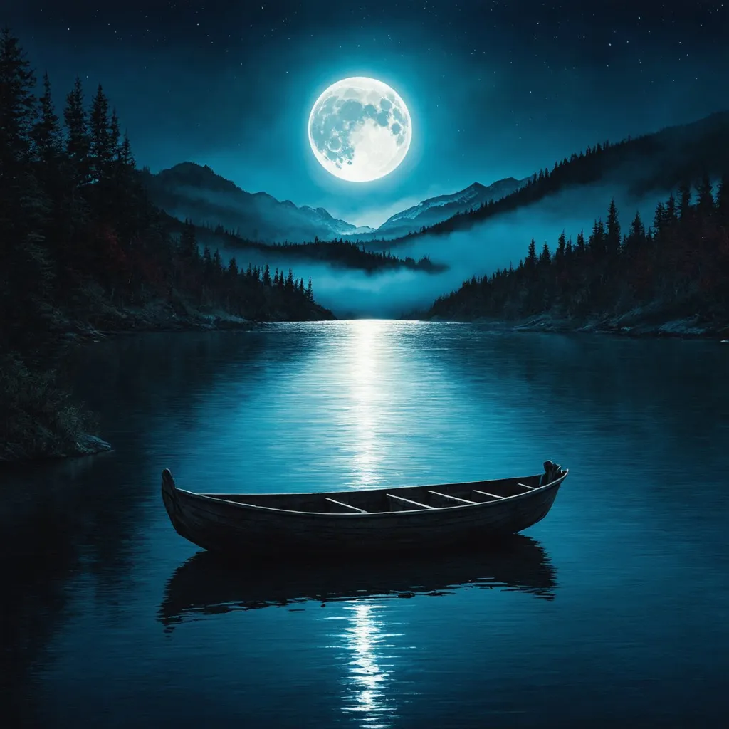 Prompt: Create a semi-realistic album cover featuring a serene, moonlit lake surrounded by nature, viewed from a higher vantage point above the water. A large, luminous full moon dominates the night sky, casting its glow across the calm water. The scene includes distant, mist-covered mountains that add a sense of adventure and mystery. A small, empty wooden boat is floating further away on the lake, emphasizing solitude and a distant journey. The color scheme should focus on deep blues with subtle hints of red, and touches of silver to highlight the moon. The overall mood should evoke introspection, melancholy, and longing.