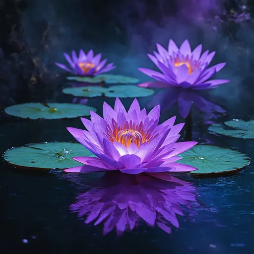 Prompt: Three radiant purple water lilies floating on a mystical, glowing water surface. The lilies emit a deep, vibrant purple hue, with their petals intricately detailed and slightly luminescent. The scene is rich in fantasy elements, with swirling mists and a dreamlike atmosphere. The background features an otherworldly landscape bathed in twilight, with deep purples and soft blues, creating a cinematic, surreal environment that feels both mysterious and enchanting.