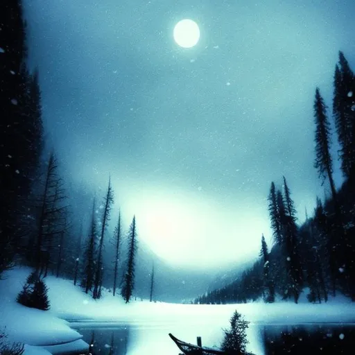 Prompt: snow, lake at night, mystical, mist, death, dark fantasy, half moon, drawing