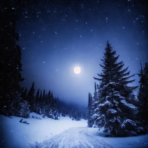 Prompt: snow, nature, dark, night, mist, moon, black, blue