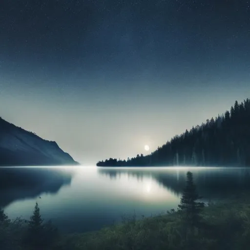 Prompt: lake at night, mystical, nature, mountain with forest, full moon, UHD, 4K, ultra high quality, dark blue, dark, cold