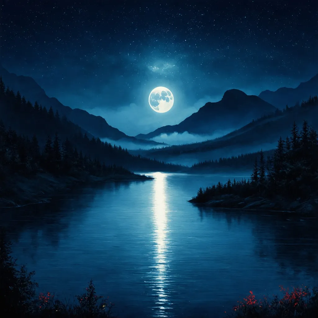 Prompt: Create a semi-realistic album cover featuring a serene, moonlit lake surrounded by nature. A luminous full moon should dominate the night sky, casting its glow across the calm water. The scene includes distant, mist-covered mountains that add a sense of adventure and mystery. The color scheme should focus on deep blues with subtle reds, and hints of silver to highlight the moon. The overall mood should evoke introspection, melancholy, and longing.  Drone shot 50m above the water. Highly detailed.