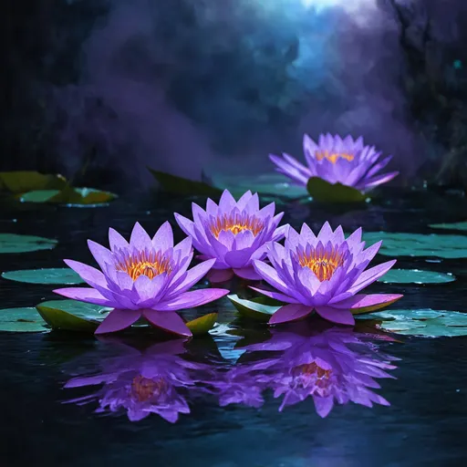 Prompt: Three radiant purple water lilies floating on a mystical, glowing water surface. The lilies emit a deep, vibrant purple hue, with their petals intricately detailed and slightly luminescent. The scene is rich in fantasy elements, with swirling mists and a dreamlike atmosphere. The background features an otherworldly landscape bathed in twilight, with deep purples and soft blues, creating a cinematic, surreal environment that feels both mysterious and enchanting.