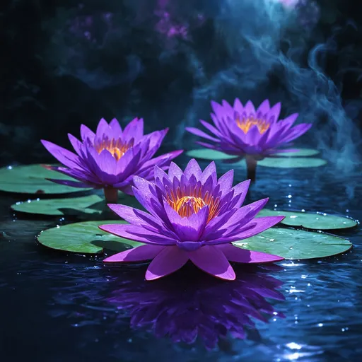 Prompt: Three radiant purple water lilies floating on a mystical, glowing water surface. The lilies emit a deep, vibrant purple hue, with their petals intricately detailed and slightly luminescent. The scene is rich in fantasy elements, with swirling mists and a dreamlike atmosphere. The background features an otherworldly landscape bathed in twilight, with deep purples and soft blues, creating a cinematic, surreal environment that feels both mysterious and enchanting.