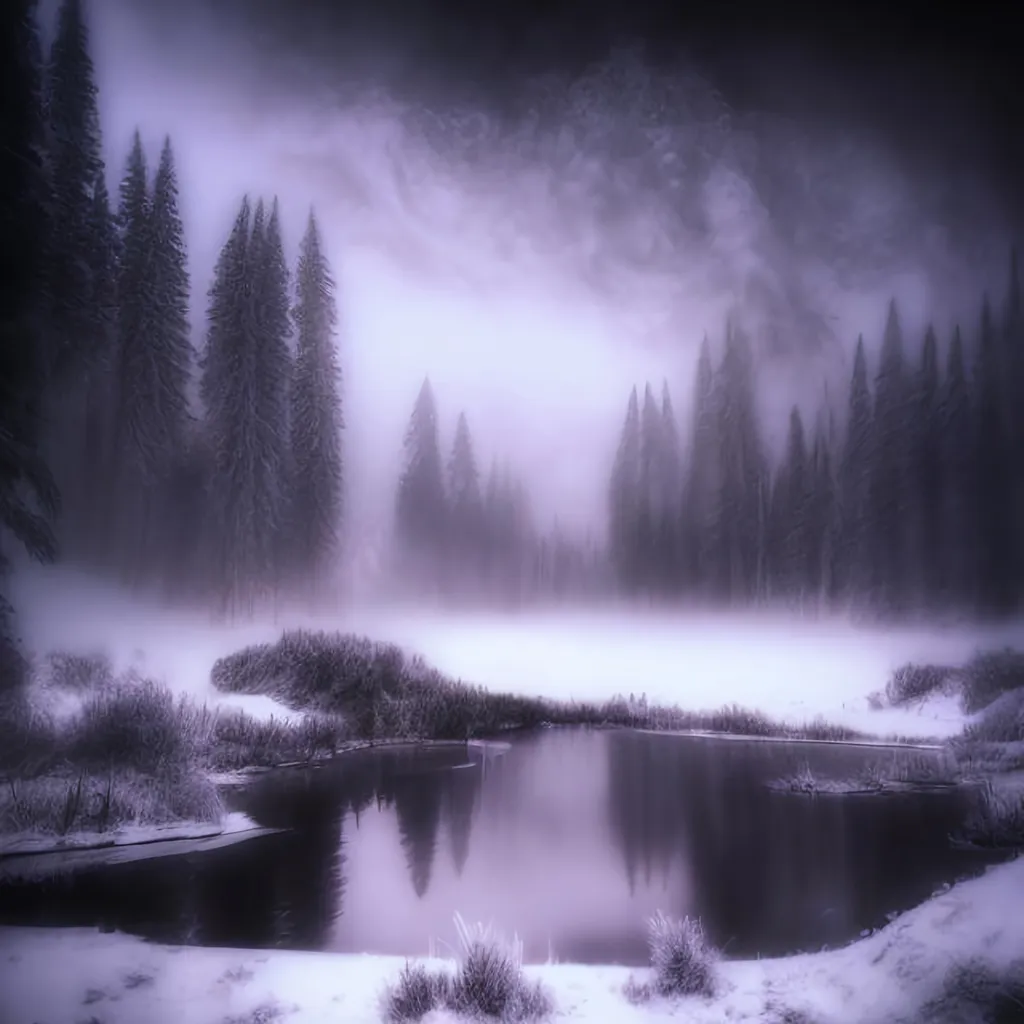 Prompt: snow, lake, night, mystical, mist, death, dark, fantasy, drawing, purple