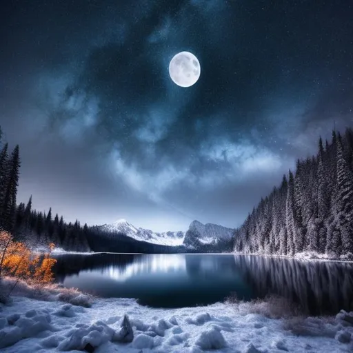 Prompt: lake at night, mystical, nature, mountain with forest, full moon, UHD, 4K, ultra high quality, dark blue, dark, cold, grey, mystic, snow, ice