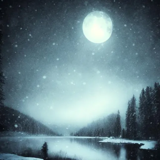 Prompt: snow, lake at night, mystical, mist, death, dark fantasy, cresent moon, drawing
