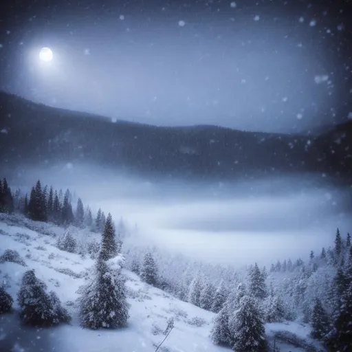 Prompt: snow, nature, dark, night, mist, moon, black, blue