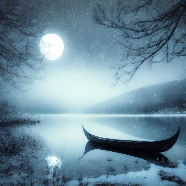 Prompt: snow, lake at night, mystical, mist, death, dark fantasy, half moon, drawing