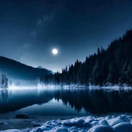 Prompt: lake at night, mystical, nature, mountain with forest, full moon, UHD, 4K, ultra high quality, dark blue, dark, cold, grey, mystic, snow, ice