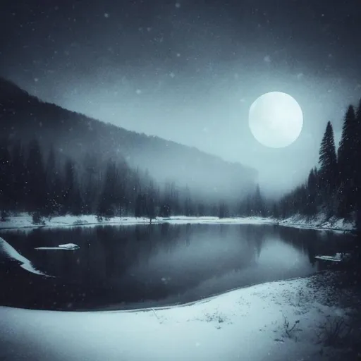 Prompt: snow, lake at night, mystical, mist, death, dark fantasy, half moon, drawing