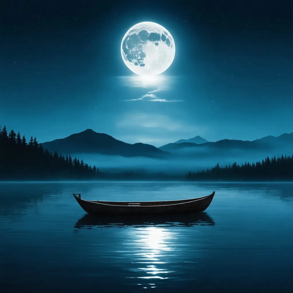 Prompt: Create a semi-realistic album cover featuring a serene, moonlit lake surrounded by nature. A luminous full moon should dominate the night sky, casting its glow across the calm water. The scene includes distant, mist-covered mountains that add a sense of adventure and mystery. A small, empty wooden boat gently floats on the lake, symbolizing a solitary journey. The color scheme should focus on deep blues with subtle reds, and hints of silver to highlight the moon. The overall mood should evoke introspection, melancholy, and longing.  Angle from 20m above the water