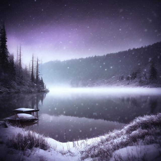 Prompt: snow, lake, night, mystical, mist, death, dark, fantasy, drawing, purple