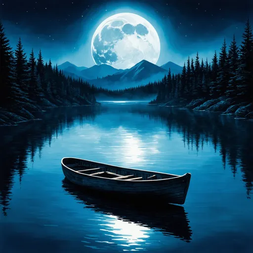 Prompt: Create a semi-realistic album cover featuring a serene, moonlit lake surrounded by nature. A luminous full moon should dominate the night sky, casting its glow across the calm water. The scene includes distant, mist-covered mountains that add a sense of adventure and mystery. A small, empty wooden boat gently floats distant on the lake, symbolizing a solitary journey. The color scheme should focus on deep blues with subtle reds, and hints of silver to highlight the moon. The overall mood should evoke introspection, melancholy, and longing.  Angle from 50m above the water