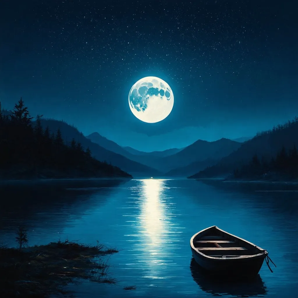 Prompt: Create a semi-realistic album cover featuring a serene, moonlit lake surrounded by nature, viewed from a higher vantage point above the water. A large, luminous full moon dominates the night sky, casting its glow across the calm water. The scene includes distant, mist-covered mountains that add a sense of adventure and mystery. A small, empty wooden boat is floating further away on the lake, emphasizing solitude and a distant journey. The color scheme should focus on deep blues with subtle hints of red, and touches of silver to highlight the moon. The overall mood should evoke introspection, melancholy, and longing, with no text included.