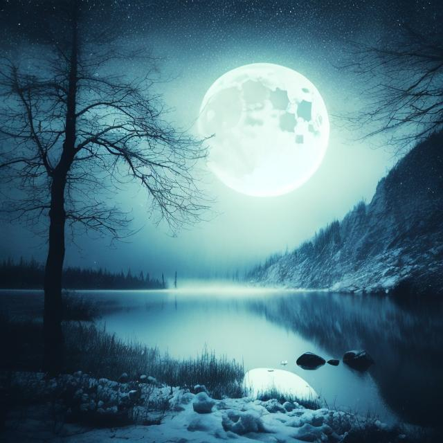 Prompt: snow, lake at night, mystical, mist, death, dark fantasy, half moon, drawing