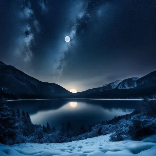 Prompt: lake at night, mystical, nature, mountain with forest, full moon, UHD, 4K, ultra high quality, dark blue, dark, cold, grey, mystic, snow, ice