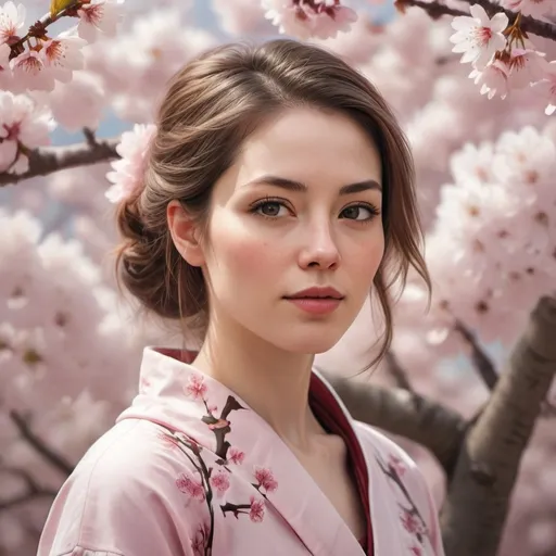 Prompt: Create a hyper-realistic, detailed portrait of a woman surrounded by cherry blossoms. The setting should be rich in colors and intricate details, with a focus on blending natural elements and artistic expressions. The background should incorporate cherry blossom elements in a cohesive and visually stunning manner. Use soft, diffused lighting to enhance the overall atmosphere and highlight the subject's features.