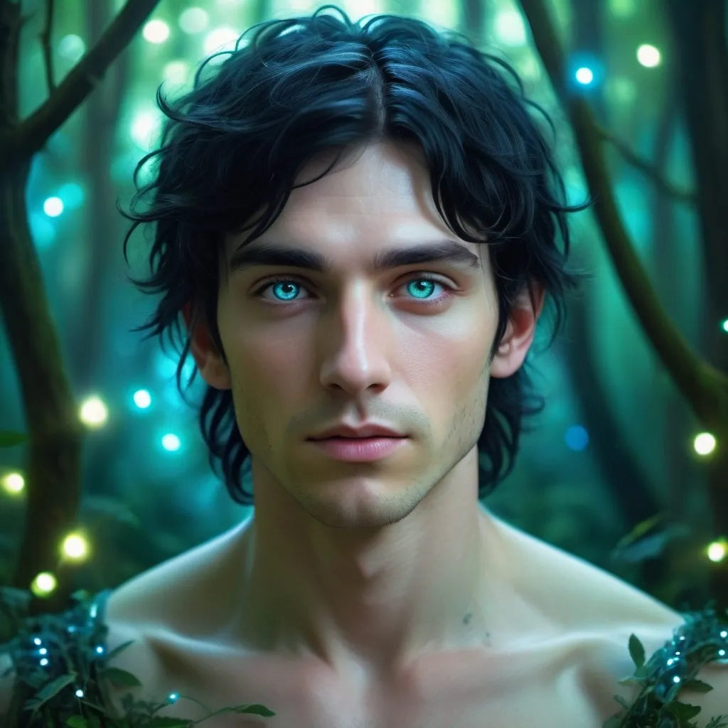 Prompt: Faerie man with black hair, pale skin and blue green eyes